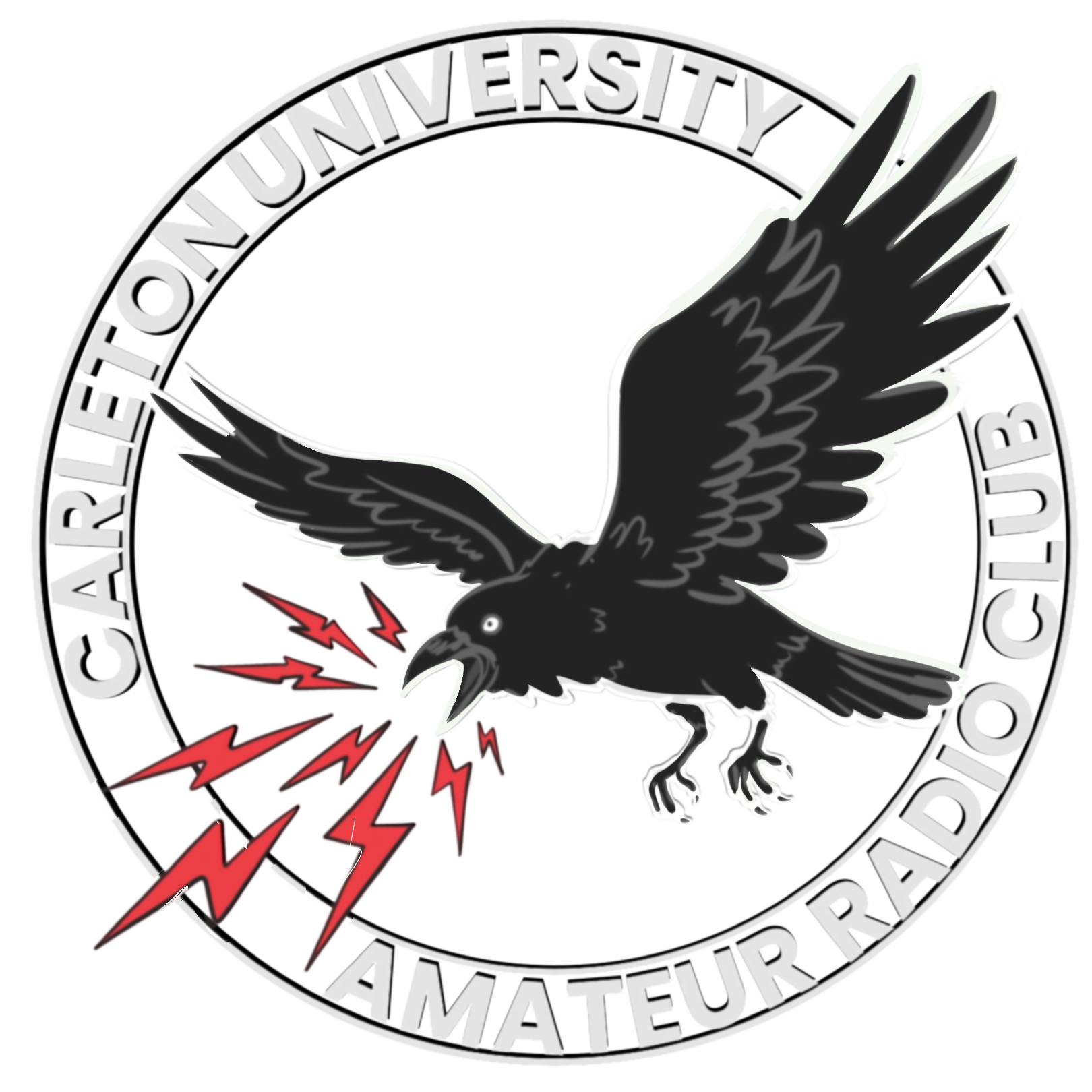 Carleton University Amateur Radio Club logo: A raven cawing lightning bolts, encircled by the name of the club.